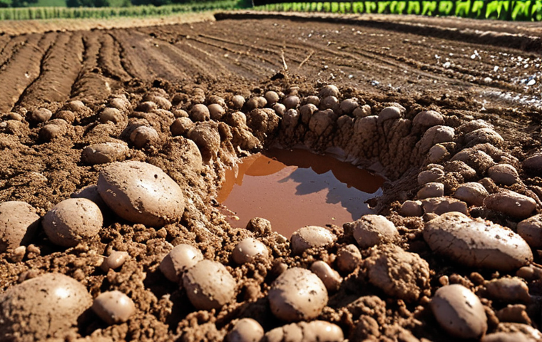 **
"Close-up of compacted soil surface, water pooling after light rain, contrasting with healthy, absorbent soil nearby. Illustrates difficulty of water penetration. Tuscan countryside backdrop. High detail, natural light."
**