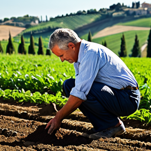 A skilled Italian farmer, middle-aged, wearing practical, professional work attire, kneels gently in a sunlit field in rural Tuscany. The farmer holds a handful of rich, dark, friable soil, observing it with a thoughtful, expert expression. Green cover crops are visible between rows of vibrant, healthy plants in the background, showcasing sustainable agricultural practices. The scene emphasizes the vitality of the soil. Professional photography, natural lighting, high detail, perfect anatomy, correct proportions, natural pose, well-formed hands, proper finger count, fully clothed, modest clothing, appropriate attire, professional dress, safe for work, appropriate content, family-friendly.