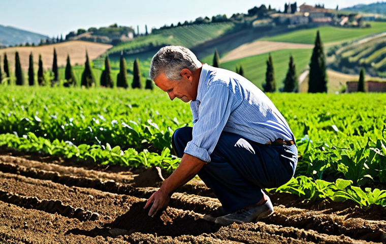 A skilled Italian farmer, middle-aged, wearing practical, professional work attire, kneels gently in a sunlit field in rural Tuscany. The farmer holds a handful of rich, dark, friable soil, observing it with a thoughtful, expert expression. Green cover crops are visible between rows of vibrant, healthy plants in the background, showcasing sustainable agricultural practices. The scene emphasizes the vitality of the soil. Professional photography, natural lighting, high detail, perfect anatomy, correct proportions, natural pose, well-formed hands, proper finger count, fully clothed, modest clothing, appropriate attire, professional dress, safe for work, appropriate content, family-friendly.