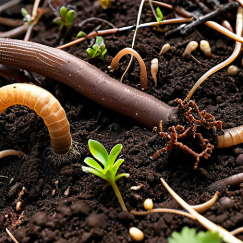 Home 4 토양 회복을 위한 재생 농업 원칙 - Healthy Soil Ecosystem**
"Close-up of rich, dark soil teeming with earthworms, fungi, and plant roo...