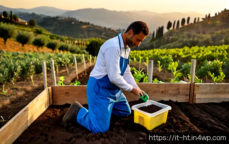 토양 건강 회복을 위한 유기농업 인증 과정 - Photorealistic Italian organic farm at sunrise, an experienced farmer in practical work clothes knee...