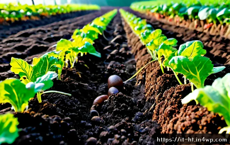 토양 생물 다양성과 농작물 생산성의 상관관계 - Photorealistic close-up of rich dark soil in an Italian vegetable farm, diverse visible earthworms, ...