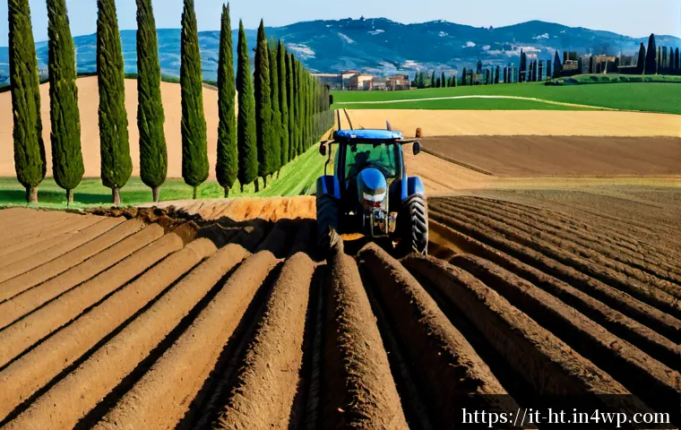농업에서의 물리적 토양 관리 기법 - Photorealistic Italian farmland in early spring, a farmer using a tractor with a deep ripper to loos...