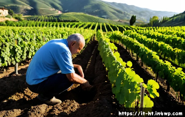 Home 15 토양 건강 회복을 위한 식물 기반 솔루션 - Photorealistic Italian vineyard in Tuscany using plant-based soil restoration, neat rows of grapevin...